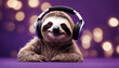 © wafi - headphones music background purple Cheerful sloth listening earphones funny happy animal cute sound lazy adorable chill audio smile slow dj trendy song relaxation