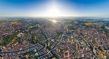 Strasbourg, France. Panorama of the city on a summer morning. Sunny weather. Aerial view