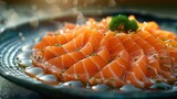 Fototapeta Do pokoju - Close-up of a delicious salmon nigiri sushi garnished. Generative Ai. 