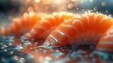 Fototapeta  - Close-up of a delicious salmon nigiri sushi garnished. Generative Ai. 