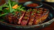 Juicy medium Beef Rib Eye steak slices in pan on wooden board. Generative Ai. 
