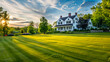 © VISUAL BACKGROUND - A large house with a green lawn and trees.