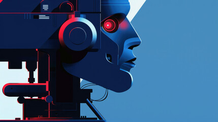 Close-up illustration of the robot's head in red and blue colors. Modern technology concept. Artificial intelligence. New technologies