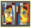 An abstract representation of two faces is depicted, one in each panel, with stylized features and bold lines segmenting the color areas. 