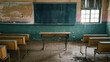 Abandoned classroom, with its desolate desks and faded blackboard, stands as a silent testament to a bygone era of learning.