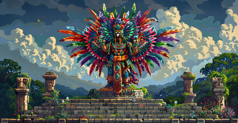 Wall Mural - A colorful bird with a feathery headdress is standing on a stone platform