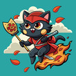 Ninja cat riding a flying pizza slice, wielding a spatula as a weapon