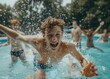 © serg3d - A group of people in a swimming pool splashing around. Generative AI.