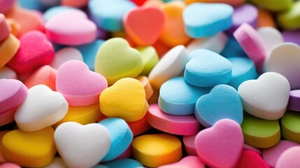 Poster - A pile of multicolored candy hearts are scattered on a table. Generative AI.