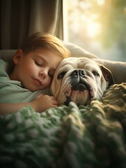 Poster - A young boy sleeping with a dog on the couch. Generative AI.