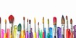 Set of different dirty paint brushes with gouache isolated on white. Composition of colorful painting brushes for drawing arranged in a row. Concept of hobbies and creativity. Banner with copy space