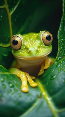 Wall Mural - A small green frog sitting on a leaf with water droplets. Generative AI.