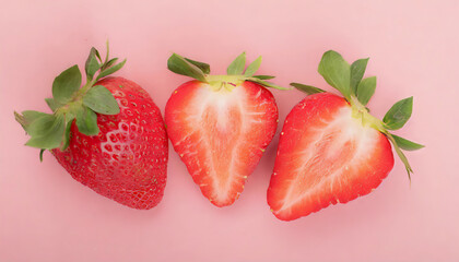 Wall Mural - Top above overhead view photo of cut strawberries isolated on pink background
