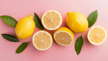 Wall Mural - Top view photo of cut and whole lemons on isolated pastel pink background
