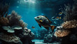 Tropical sea underwater fishes on coral reef. Aquarium oceanarium wildlife colorful marine panorama landscape nature snorkeling diving
