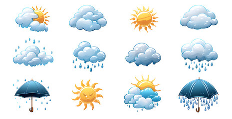 a set of weather icons including rain, sun, and clouds