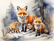 watercolor drawing winter, fox with cubs, AI generated