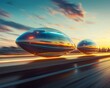 Futuristic aerodynamic passenger capsules gliding smoothly, dawn light, wide angle