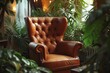 A large brown leather chair in the middle of a room surrounded by greenery and flowers
