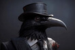 Gentleman, boss black crow in a hat, suit and tie. Banner header. AI generated.