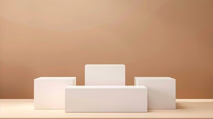 Poster - White square podiums for presentations on a brown background Top view flat lay Banner : Generative AI