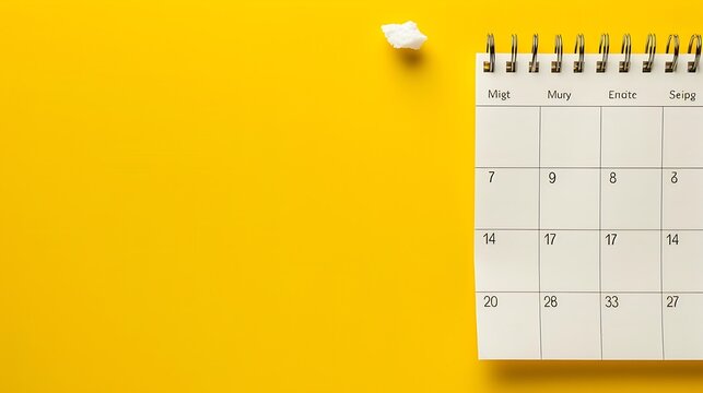 White clean calendar on solid yellow background with copy space business meeting schedule travel planning or project milestone and reminder concept : Generative AI