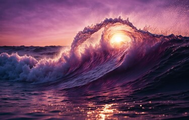 a purple wave is breaking on the ocean at sunset