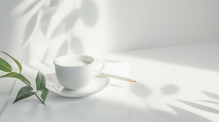 Poster - Cup coffee pencil branch with leaf paper note on white : Generative AI