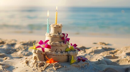 A sandcastle birthday cake with candle and lei on a tropical vacation beach paradise