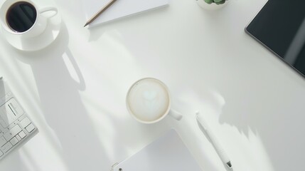 Poster - White office desk table with blank notebook computer supplies and coffee cup Top view with copy space Flat lay : Generative AI