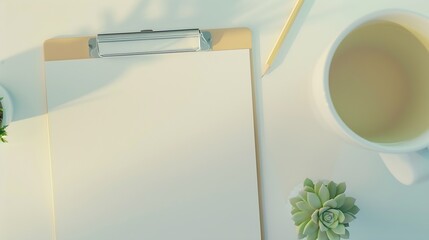 Leinwandbilder - White desktop with clipboard cup of tea pencil and succulent plant Minimal flat lay top view mockup : Generative AI