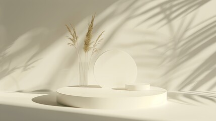 Fototapete - Empty white product presentation podium with trendy shadows Abstract minimal empty stage Cosmetic package mockup : Generative AI