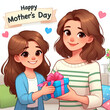 Happy Mother's Day cartoon image. Daughter giving her mother a colored gift.
