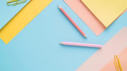 Poster - Flat lay photo of office desk with colorful pencil and paper clipcopy space top view : Generative AI