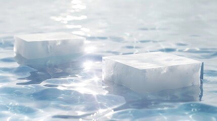 Aufkleber - Two empty clear white square podiums on transparent calm water texture with splashes and waves in sunlight Abstract nature background for product presentation Flat lay cosmetic mockup  : Generative AI