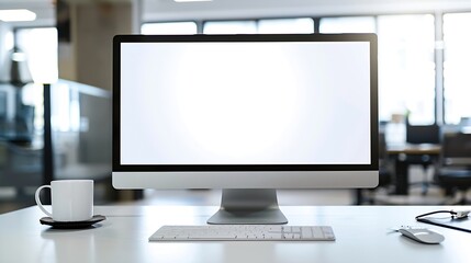 Poster - Computer monitor with white blank screen putting on white working desk with wireless mouse and keyboard over blurred vintage office as background : Generative AI