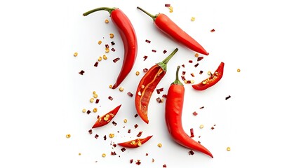 Poster - red hot chili pepper with slices isolated on white background Top view Flat lay : Generative AI