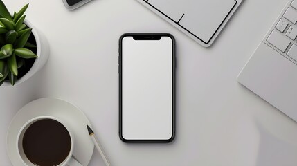 Aufkleber - Flat lay mobile phone with empty screen coffee cup notepad and keyboard on white table Top view with copy space : Generative AI