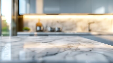 Poster - Close up photo of contemporary kitchen island with marble table top with kitchen blurry loose focal background : Generative AI