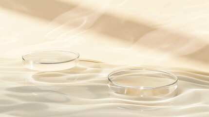 Poster - Two empty clear glass circle podiums on beige transparent calm water texture with waves in sunlight Abstract nature background for product presentation Flat lay cosmetic mockup copy sp : Generative AI