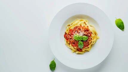 Wall Mural - Pasta Fettuccine Bolognese with tomato sauce in white bowl Flat lay Top view : Generative AI