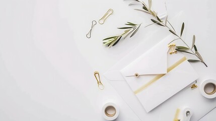Poster - Feminine stationery  desktop mockup scene Blank greeting card craft envelope washi tape and golden paper binder clips with olive branchWhite table background Flat lay top view : Generative AI