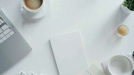 Poster - Styled stock photography white office desk table with blank notebook computer supplies and coffee cup Top view with copy space Flat lay : Generative AI