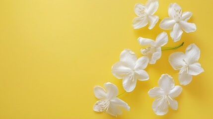 Poster - white flowers on yellow background Blooming concept Flat lay : Generative AI