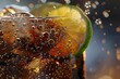 Captivating Close up of a Fizzing Glass of Refreshing Cola with Glistening Ice Cubes and a Wedge of Citrusy Lime
