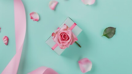 Wall Mural - design concept with pink rose flower and gift box on colored table background top view Happy Holiday Mothers day birthday concept Romantic flat lay composition : Generative AI