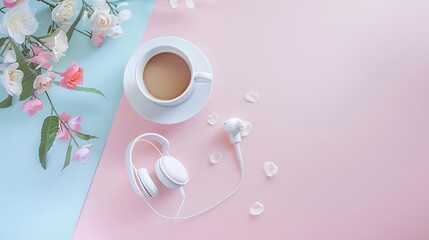 Poster - Blogger Pastel Background With Coffee Cup Headphones and botanical elements Flat Lay : Generative AI