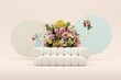 White armchair with colorful flowers on white background. Advertisement idea. Creative composition. 3d render, social media and sale concept	
