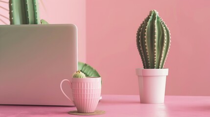 Aufkleber - Working with Laptop computerHot coffee and cactus copy space on pink table backgroundTop viewFlat laystyle Minmal workspacebusiness Concept : Generative AI