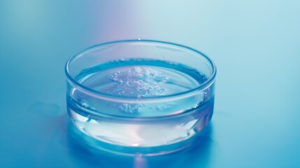 Aufkleber - Petri dish Petris cup with liquid Chemical elements oil cosmetics Gel water molecules viruses Closeup On a blue background : Generative AI
